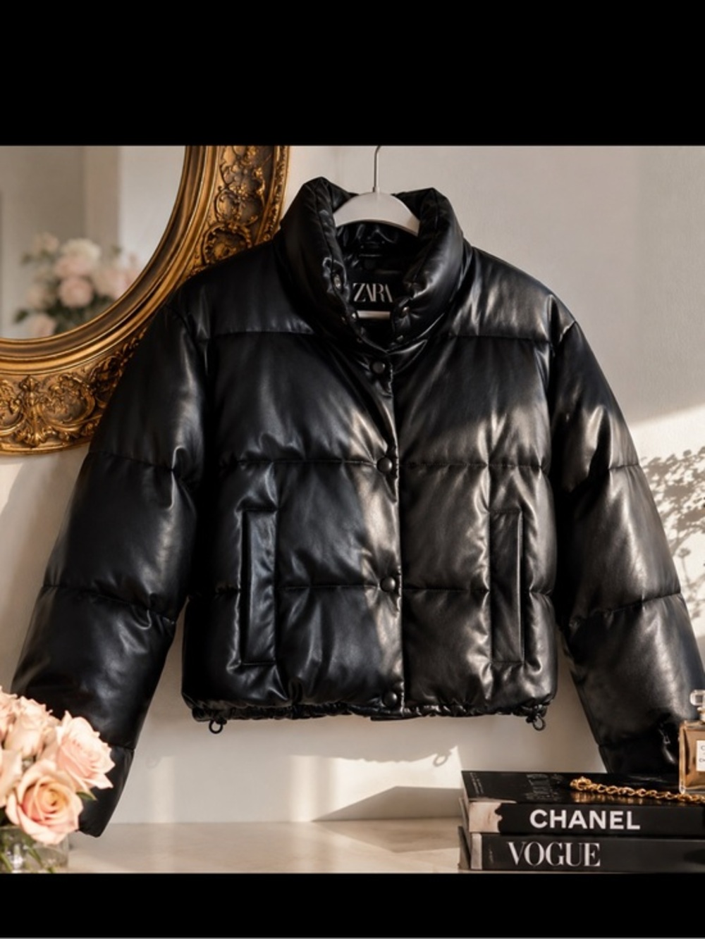 Sold Out Zara Faux Leather Cropped Puffer Jacket | Model Off Duty Black Coat